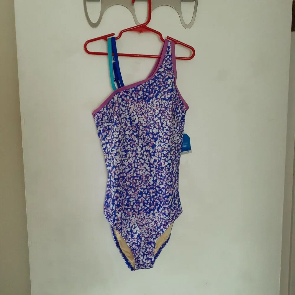 new $38 lands end swimsuit Girls Slim L Chlorine Resistant electric blue mosaic